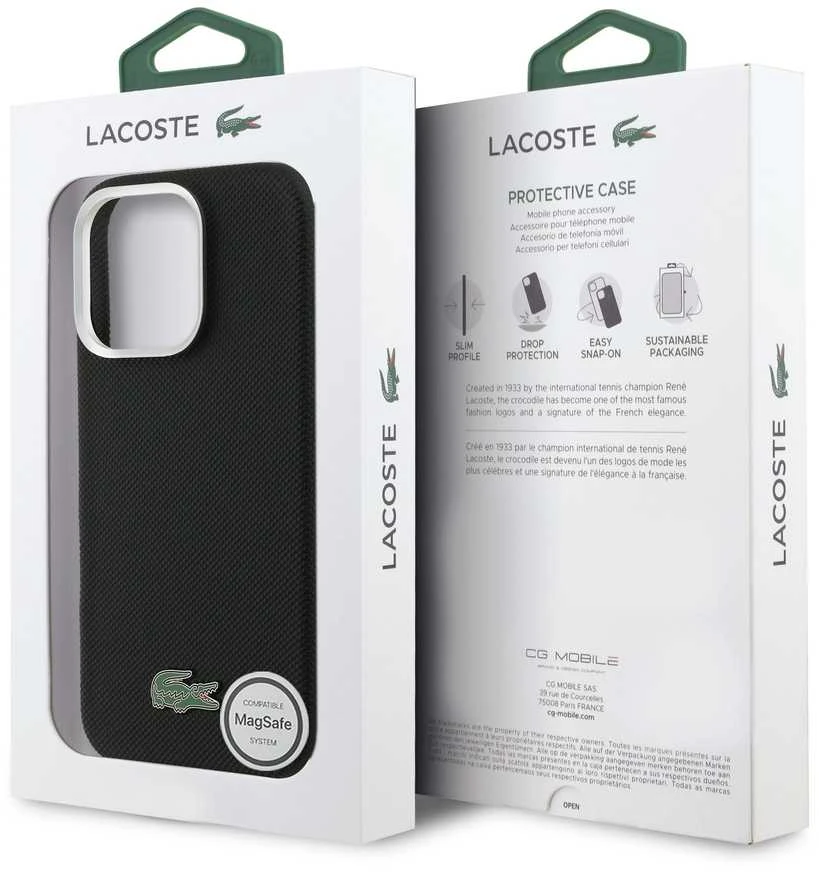 Lacoste PVC Iconic Petit Pique Metal Logo MagSafe dėklas skirtas Apple iPhone 16 Pro juodos spalvos