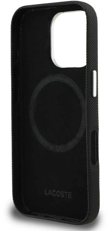 Lacoste PVC Iconic Petit Pique Metal Logo MagSafe dėklas skirtas Apple iPhone 16 Pro juodos spalvos