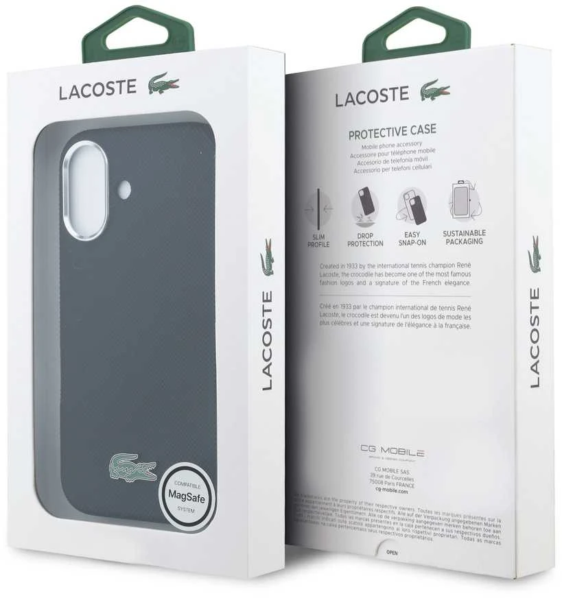 Lacoste PVC Iconic Petit Pique Metal Logo MagSafe dėklas skirtas Apple iPhone 16 juodos spalvos