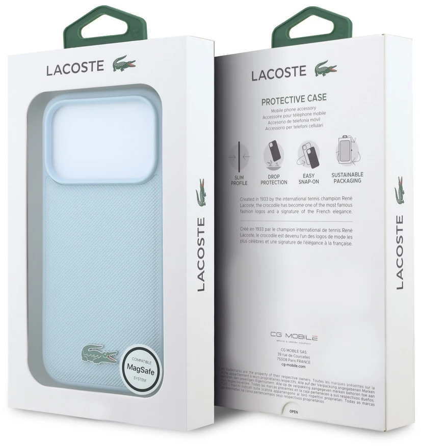 Lacoste PVC Iconic Petit Pique metaliniu logotipu papuoštas MagSafe dėklas, skirtas iPhone 18 Pro Max, mėlynas