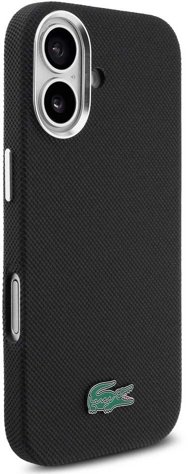 Lacoste PVC Iconic Petit Pique Metal Logo MagSafe dėklas skirtas Apple iPhone 16 juodos spalvos