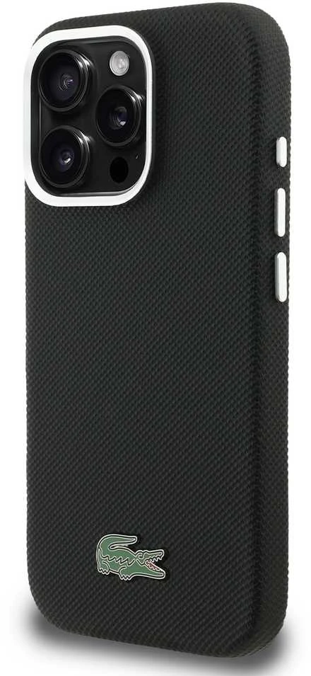 Lacoste PVC Iconic Petit Pique Metal Logo MagSafe dėklas skirtas Apple iPhone 16 Pro juodos spalvos