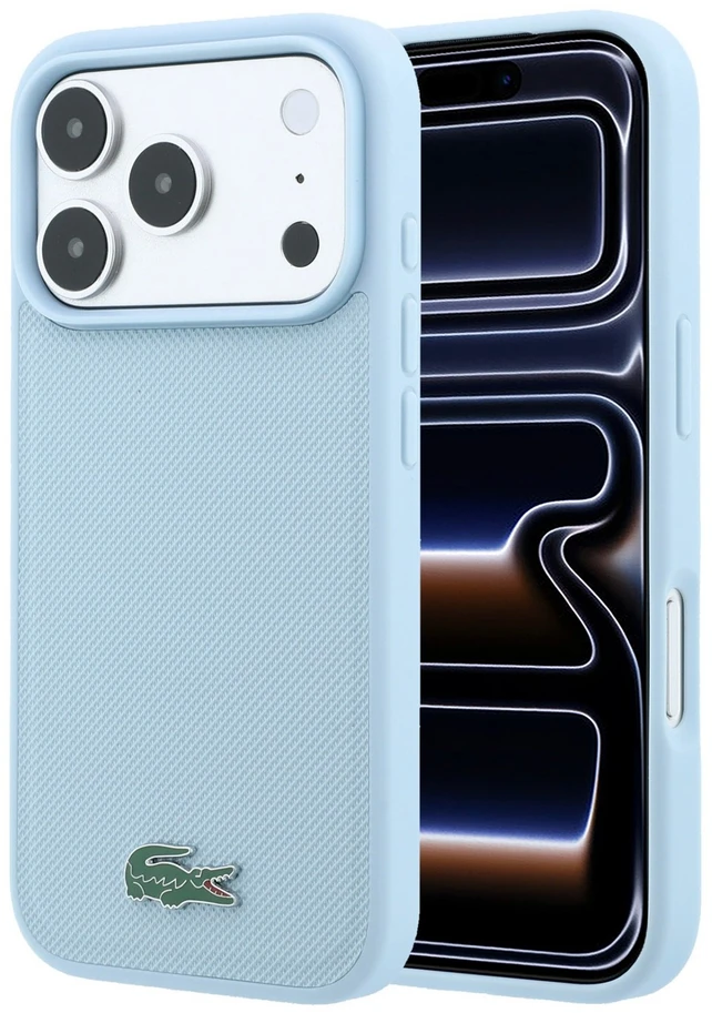 Lacoste PVC Iconic Petit Pique metaliniu logotipu papuoštas MagSafe dėklas, skirtas iPhone 18 Pro Max, mėlynas