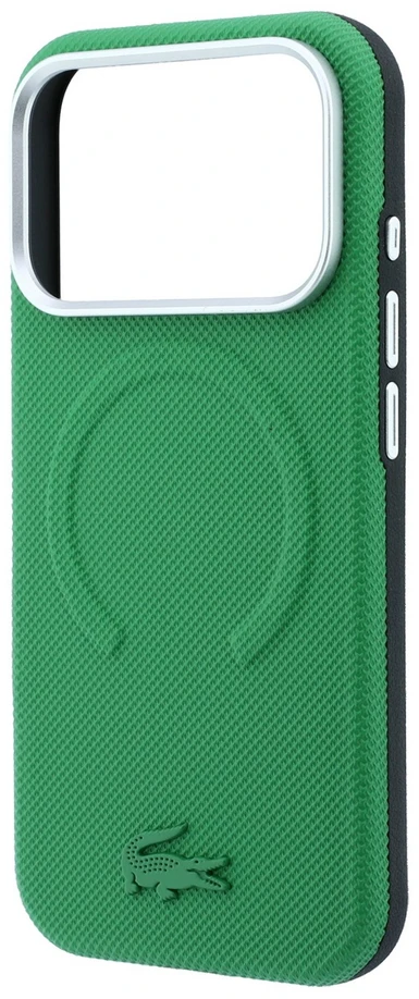 Lacoste PVC Petit Pique pusiau uždengiamas reljefinis MagSafe dėklas, skirtas iPhone 18 Pro, Estragon spalvos