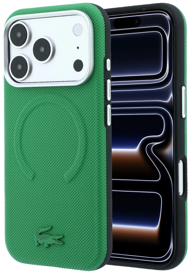 Lacoste PVC Petit Pique pusiau uždengiamas reljefinis MagSafe dėklas, skirtas iPhone 18 Pro, Estragon spalvos