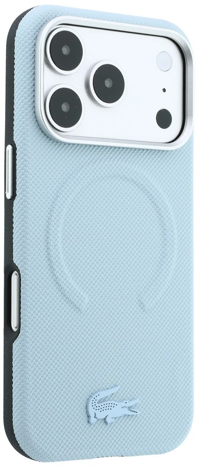 Lacoste PVC Petit Pique pusiau uždengiamas reljefinis MagSafe dėklas, skirtas iPhone 18 Pro, mėlynas
