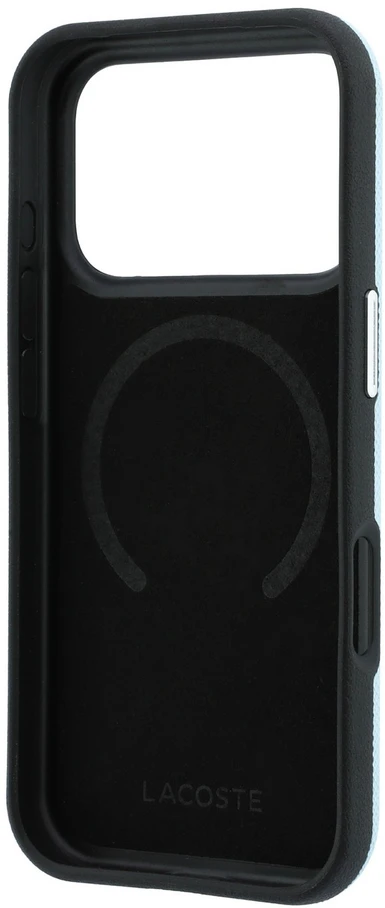 Lacoste PVC Petit Pique pusiau uždengiamas reljefinis MagSafe dėklas, skirtas iPhone 18 Pro, mėlynas