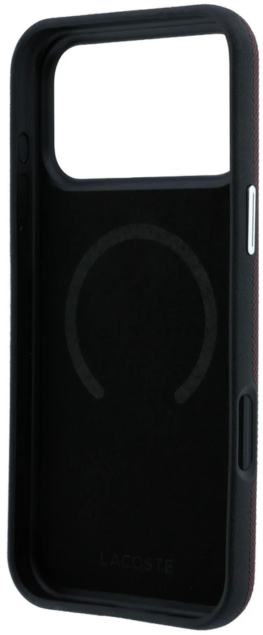 Lacoste PVC Petit Pique pusiau uždengiamas reljefinis MagSafe dėklas, skirtas iPhone 18 Pro, bordo spalvos