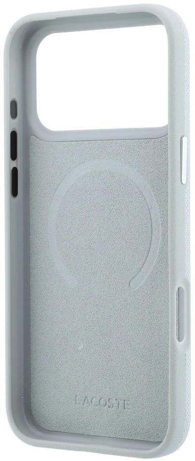 Lacoste PVC Petit Pique pusiau uždengiamas dėklas su žiediniu stovu ir MagSafe funkcija, skirtas iPhone 18 Pro Max, šviesiai pilkas