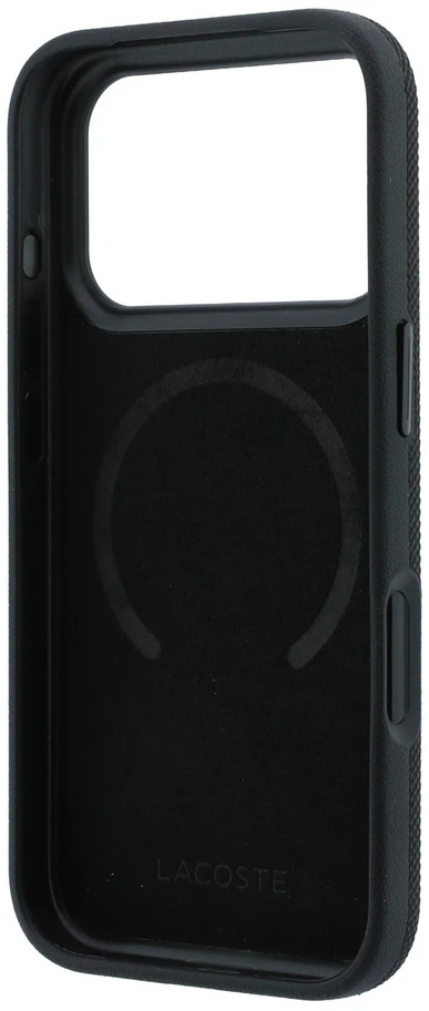 Lacoste PVC Petit Pique pusiau uždengiamas dėklas su žiediniu stovu ir MagSafe funkcija, skirtas iPhone 18 Pro, juodas