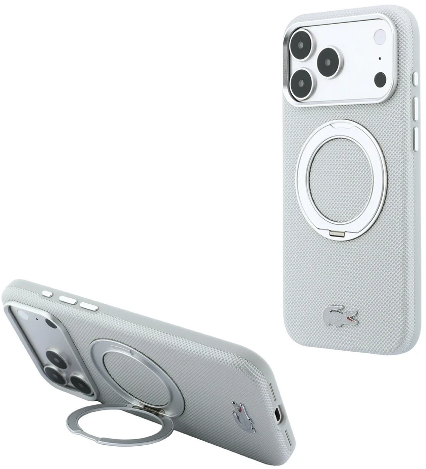 Lacoste PVC Petit Pique pusiau uždengiamas dėklas su žiediniu stovu ir MagSafe funkcija, skirtas iPhone 18 Pro Max, šviesiai pilkas
