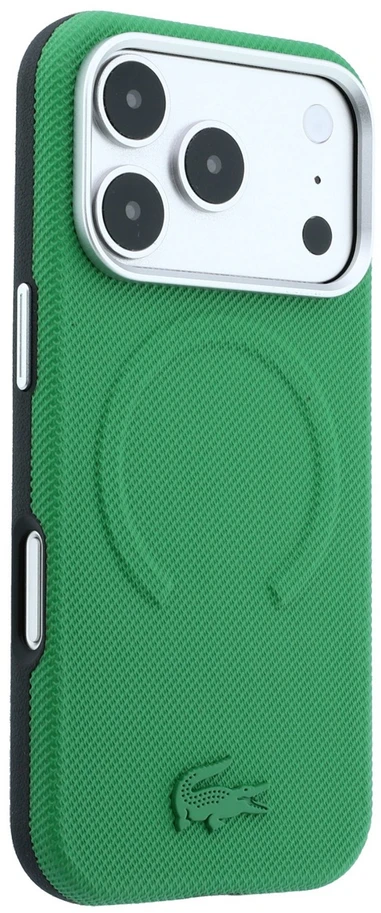 Lacoste PVC Petit Pique pusiau uždengiamas reljefinis MagSafe dėklas, skirtas iPhone 18 Pro, Estragon spalvos