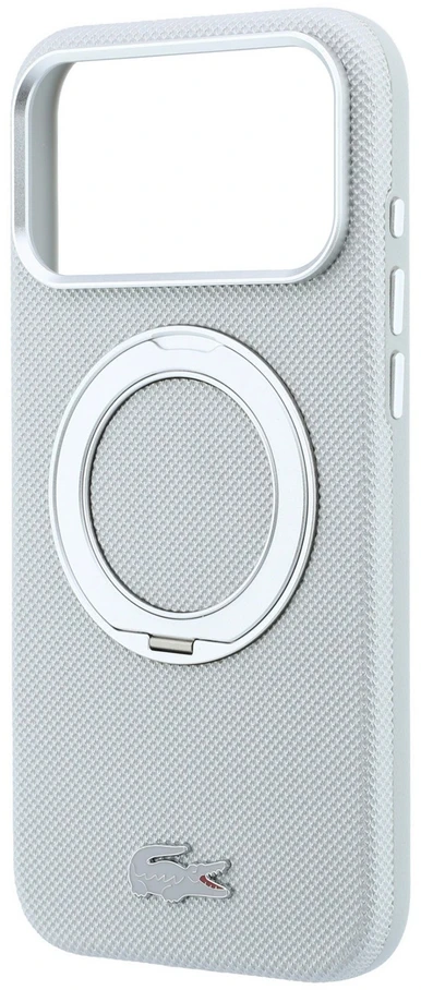 Lacoste PVC Petit Pique pusiau uždengiamas dėklas su žiediniu stovu ir MagSafe funkcija, skirtas iPhone 18 Pro, šviesiai pilkas