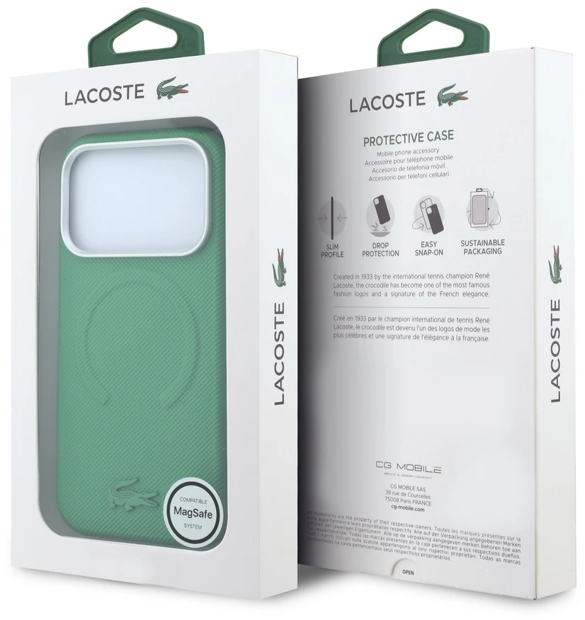 Lacoste PVC Petit Pique pusiau uždengiamas reljefinis MagSafe dėklas, skirtas iPhone 18 Pro, Estragon spalvos