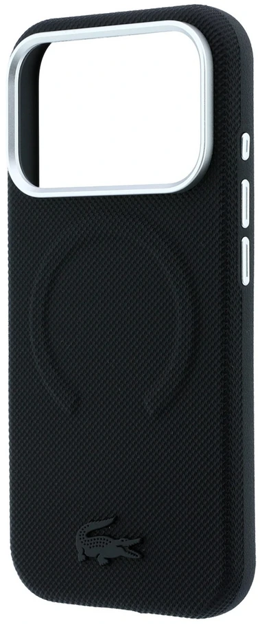Lacoste PVC Petit Pique pusiau uždengiamas reljefinis MagSafe dėklas, skirtas iPhone 18 Pro, juodas