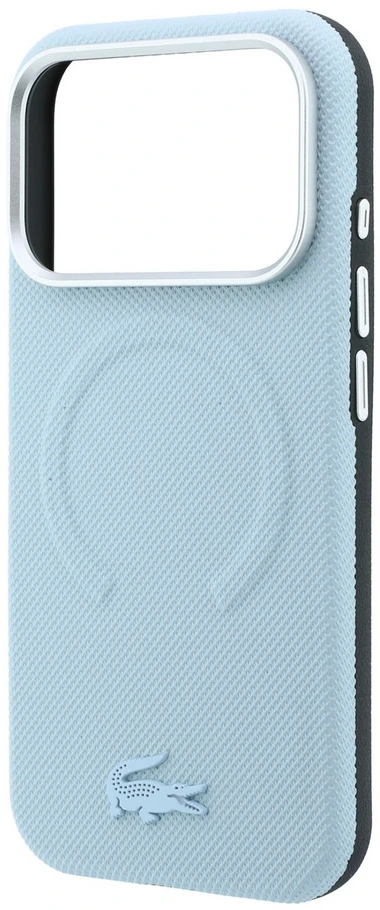 Lacoste PVC Petit Pique pusiau uždengiamas reljefinis MagSafe dėklas, skirtas iPhone 18 Pro, mėlynas