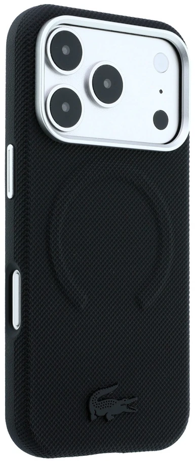 Lacoste PVC Petit Pique pusiau uždengiamas reljefinis MagSafe dėklas, skirtas iPhone 18 Pro, juodas