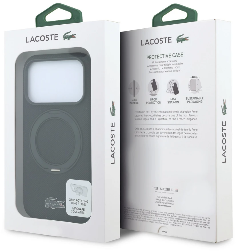 Lacoste PVC Petit Pique pusiau uždengiamas dėklas su žiediniu stovu ir MagSafe funkcija, skirtas iPhone 18 Pro Max, juodas
