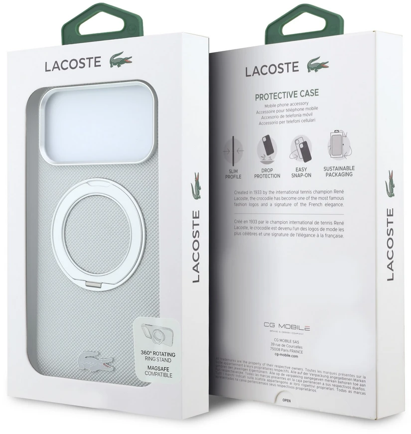Lacoste PVC Petit Pique pusiau uždengiamas dėklas su žiediniu stovu ir MagSafe funkcija, skirtas iPhone 18 Pro Max, šviesiai pilkas