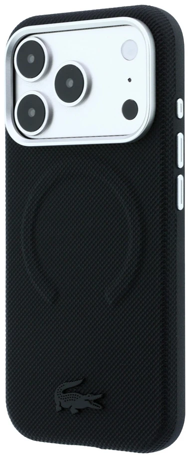 Lacoste PVC Petit Pique pusiau uždengiamas reljefinis MagSafe dėklas, skirtas iPhone 18 Pro, juodas