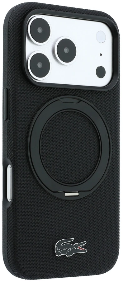 Lacoste PVC Petit Pique pusiau uždengiamas dėklas su žiediniu stovu ir MagSafe funkcija, skirtas iPhone 18 Pro, juodas