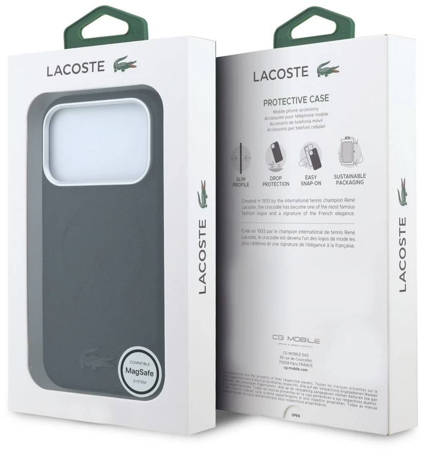 Lacoste PVC Petit Pique pusiau uždengiamas reljefinis MagSafe dėklas, skirtas iPhone 18 Pro, juodas