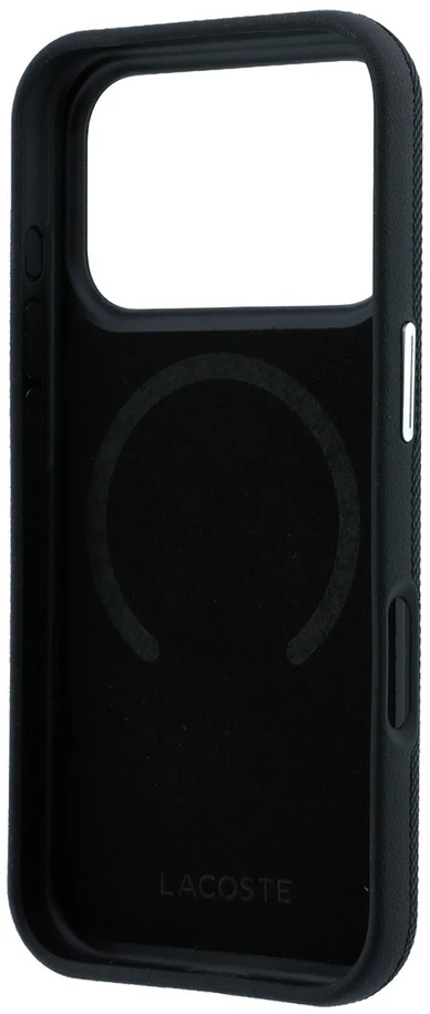 Lacoste PVC Petit Pique pusiau uždengiamas reljefinis MagSafe dėklas, skirtas iPhone 18 Pro, juodas