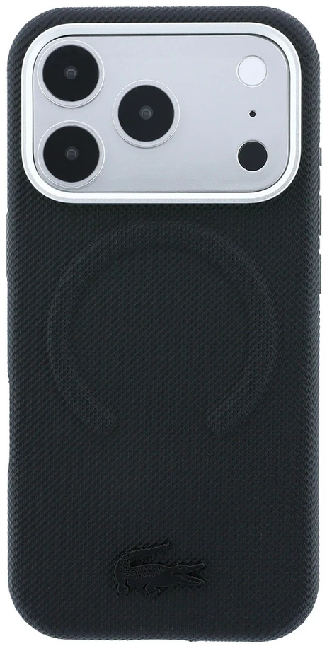 Lacoste PVC Petit Pique pusiau uždengiamas reljefinis MagSafe dėklas, skirtas iPhone 18 Pro, juodas