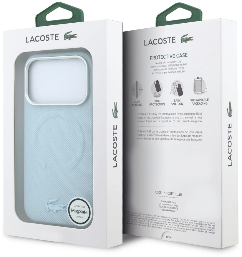 Lacoste PVC Petit Pique pusiau uždengiamas reljefinis MagSafe dėklas, skirtas iPhone 18 Pro, mėlynas