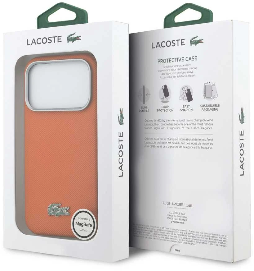 Lacoste PVC Petit Pique pusiau uždengiantis MagSafe dėklas, skirtas iPhone 17 Pro, oranžinis