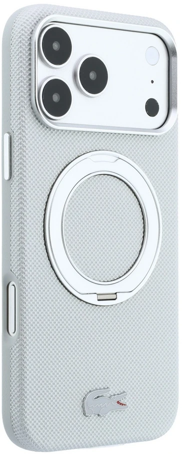 Lacoste PVC Petit Pique pusiau uždengiamas dėklas su žiediniu stovu ir MagSafe funkcija, skirtas iPhone 18 Pro, šviesiai pilkas