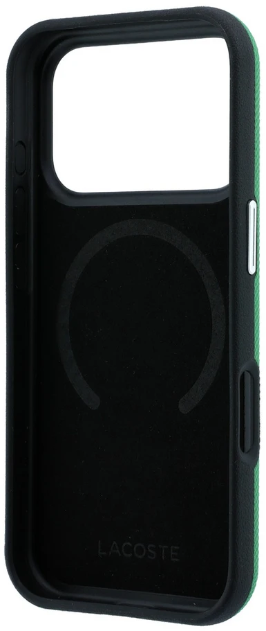 Lacoste PVC Petit Pique pusiau uždengiamas reljefinis MagSafe dėklas, skirtas iPhone 18 Pro, Estragon spalvos