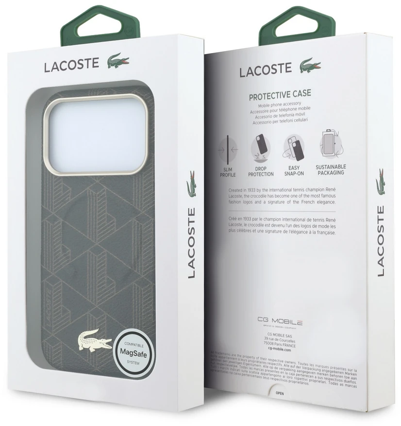 Lacoste PVC pusiau apgaubiantis reljefinis MagSafe dėklas, skirtas iPhone 18 Pro, rudas