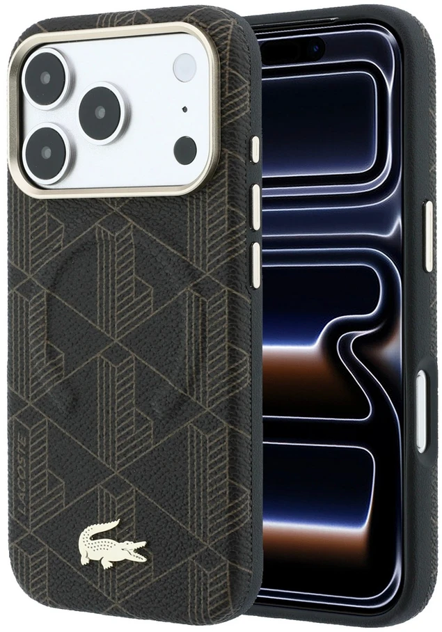 Lacoste PVC pusiau uždengiantis reljefinis MagSafe dėklas, skirtas iPhone 18 Pro Max, rudas