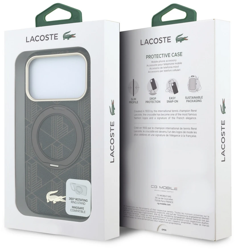Lacoste PVC pusiau uždengiantis dėklas su žiediniu stovu ir MagSafe funkcija, skirtas iPhone 18 Pro Max, šviesiai auksinės spalvos