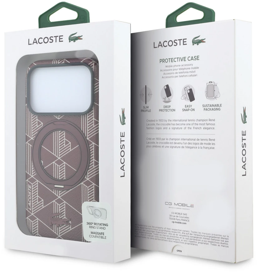 Lacoste PVC pusiau uždengiantis „Blend“ žiedinis stovas MagSafe dėklas, skirtas iPhone 18 Pro Max, bordo spalvos