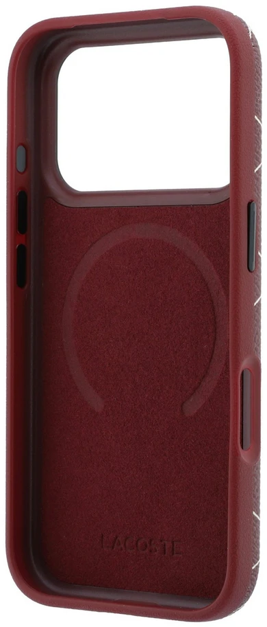 Lacoste PVC pusiau uždengiantis „MagSafe“ dėklas su žiediniu stovu, skirtas iPhone 18 Pro, bordo spalvos