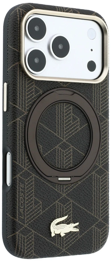 Lacoste PVC pusiau uždengiantis „MagSafe“ dėklas su žiediniu stovu, skirtas iPhone 18 Pro, šviesiai auksinės spalvos