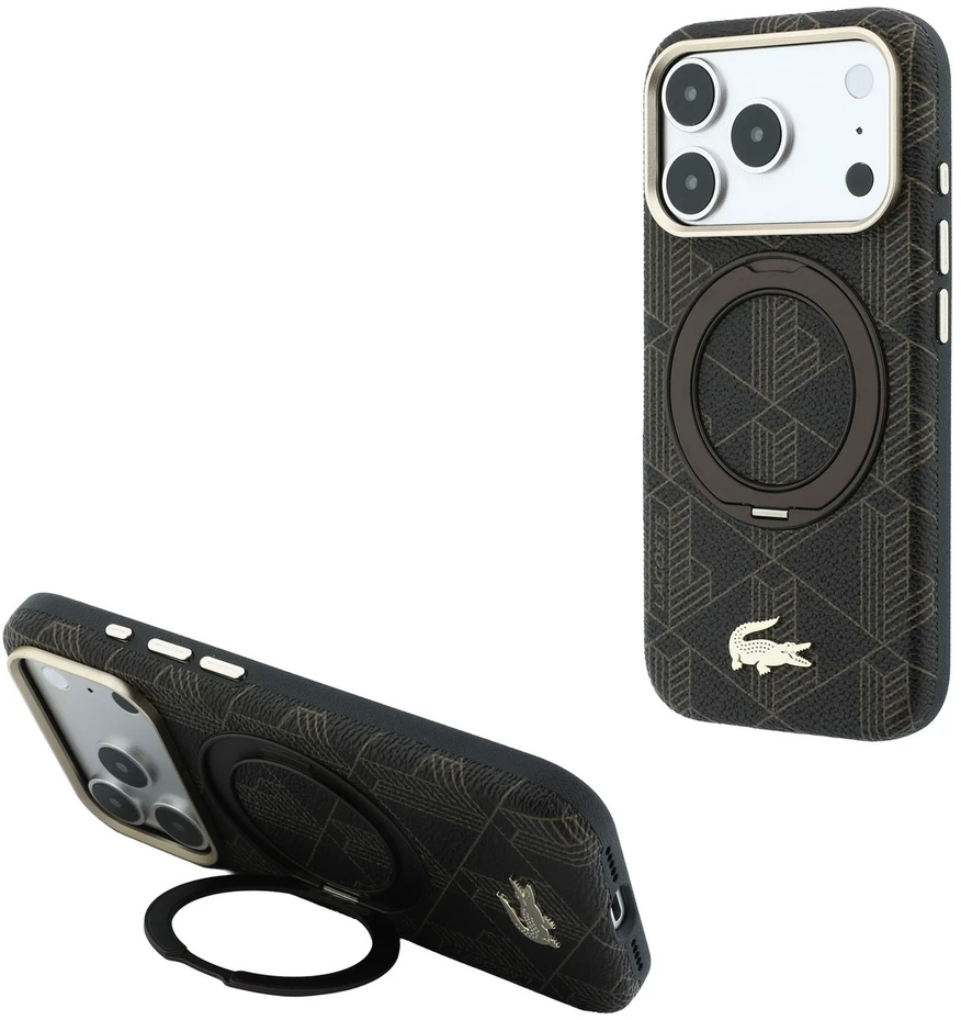 Lacoste PVC pusiau uždengiantis „MagSafe“ dėklas su žiediniu stovu, skirtas iPhone 18 Pro, šviesiai auksinės spalvos