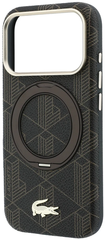 Lacoste PVC pusiau uždengiantis dėklas su žiediniu stovu ir MagSafe funkcija, skirtas iPhone 18 Pro Max, šviesiai auksinės spalvos