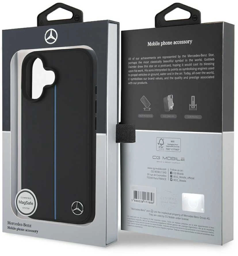 Mercedes MEHMP16S23RURBK Apple iPhone 16 6.1″ juodos spalvos kietas dėklas MB Mėlyna Line Leather MagSafe