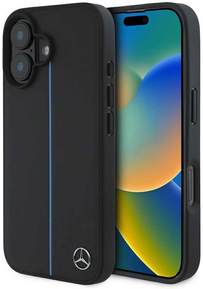 Mercedes MEHMP16S23RURBK Apple iPhone 16 6.1″ juodos spalvos kietas dėklas MB Mėlyna Line Leather MagSafe