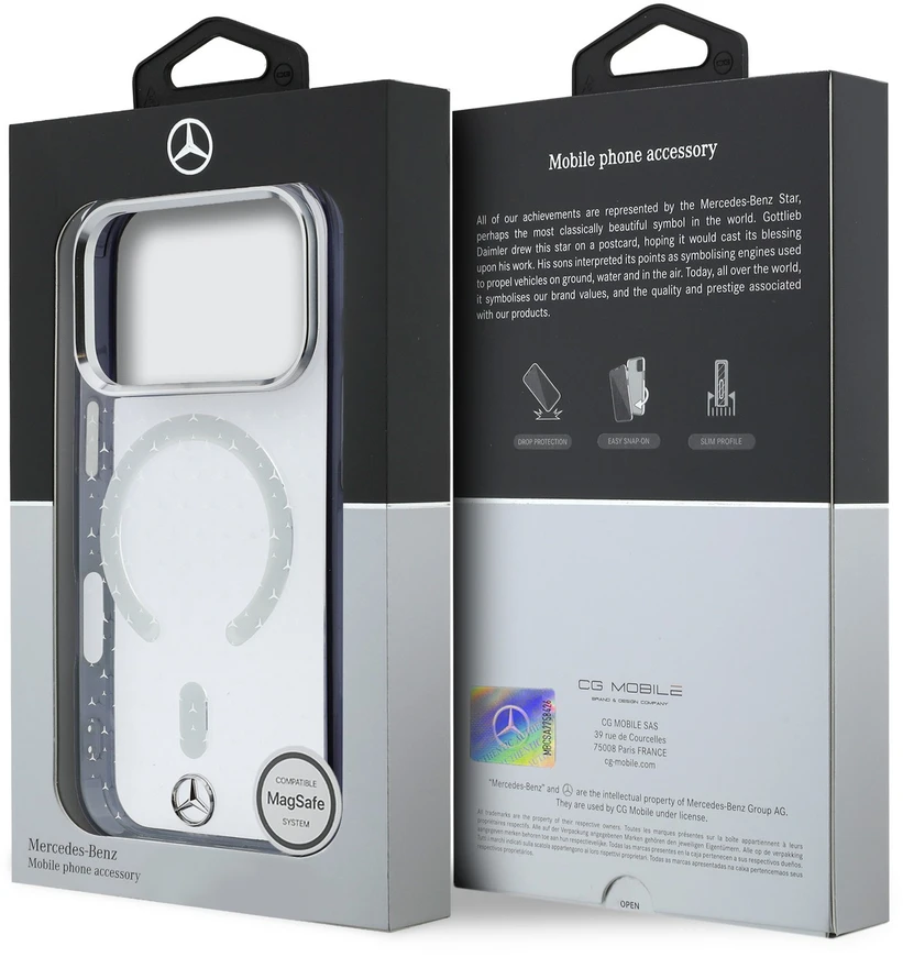 Mercedes PC/TPU Star Pattern MagSafe dėklas, skirtas iPhone 18 Pro Max, skaidrus/juodas
