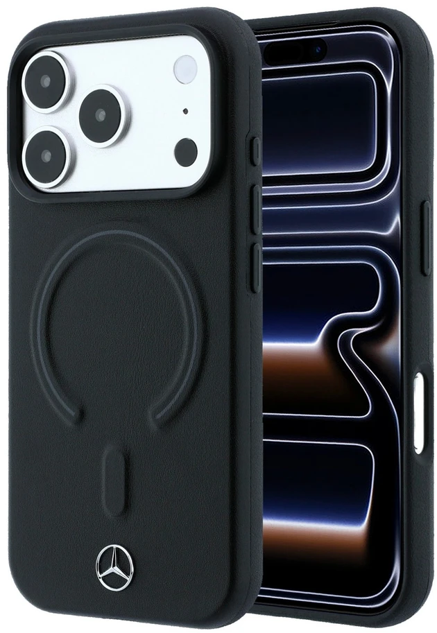 Dėklas Mercedes Leather 3D MagSafe Case, skirtas iPhone 18 Pro / 17 Pro – Juodas