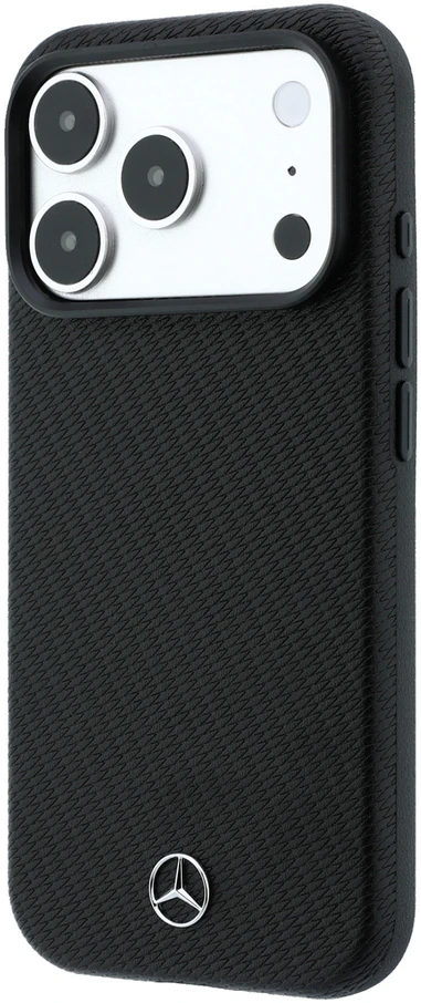 Dėklas Mercedes Leather Semi Wrap Wood Effect MagSafe, skirtas iPhone 18 Pro Max / 17 Pro Max, juodas