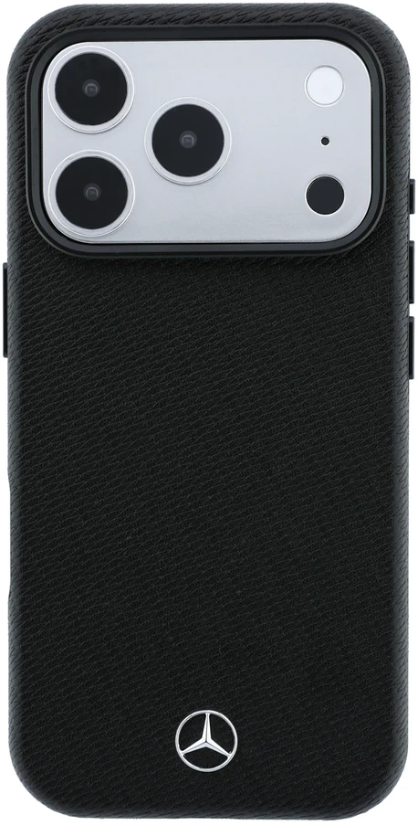 Dėklas Mercedes Leather Semi Wrap Wood Effect MagSafe, skirtas iPhone 18 Pro / 17 Pro, juodas