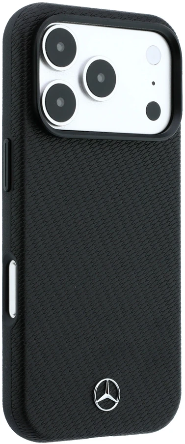 Dėklas Mercedes Leather Semi Wrap Wood Effect MagSafe, skirtas iPhone 18 Pro Max / 17 Pro Max, juodas