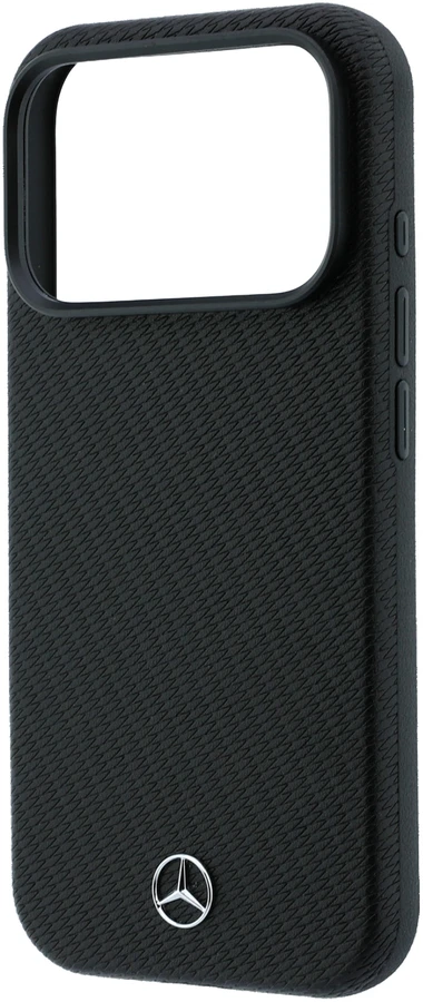 Dėklas Mercedes Leather Semi Wrap Wood Effect MagSafe, skirtas iPhone 18 Pro Max / 17 Pro Max, juodas