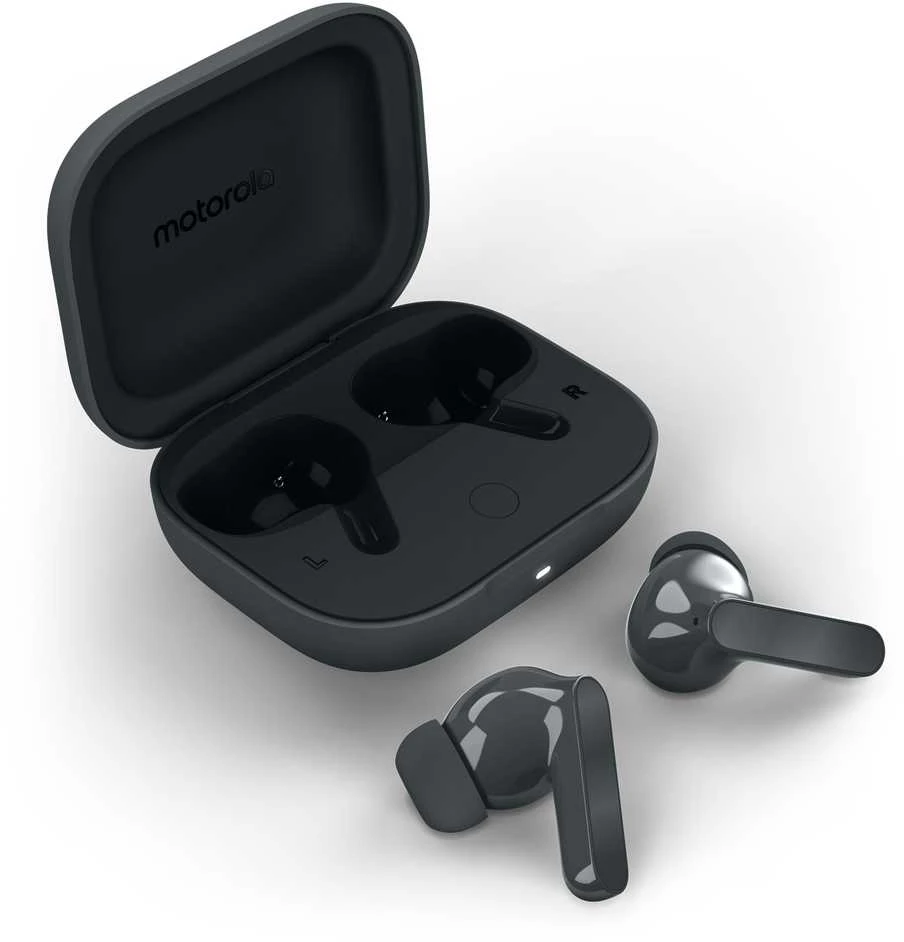 Motorola Moto Buds ausinės su atidarytu įkrovimo dėklu