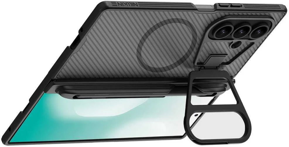 Nillkin CamShield Prop Magnetic Pen Slot dėklas skirtas Samsung Galaxy Z Fold 7 skaidrus juodos spalvos